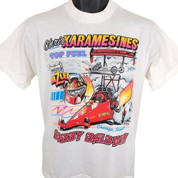 Vintage Chris Karamesines T Shirt Mens Size Medium White 90s Bobby Baldwin Drag - Picture 1 of 8